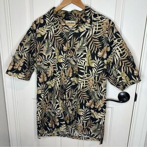 Cooke Street Black Tan Leaf Tropical Aloha Collar Hawaiian Shirt Sz M Beach Pool